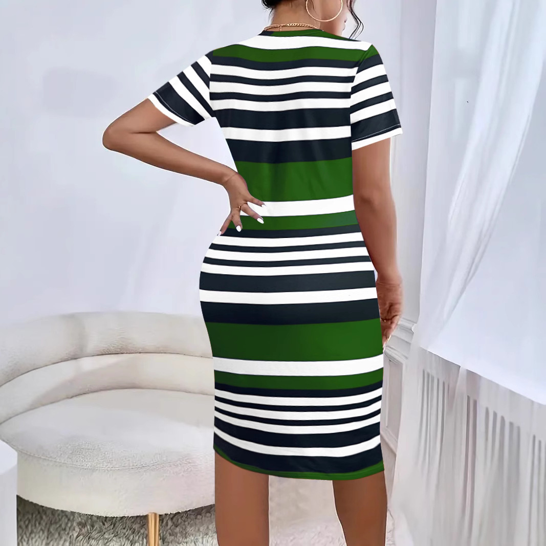 Striped Print Round Neck Short Sleeve Dress