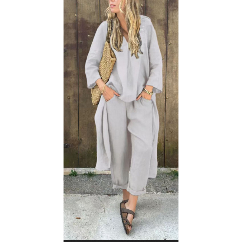 Women's Plus Size Cotton-Linen V-Neck Long Sleeve Top & Pants Set Casual Loungewear