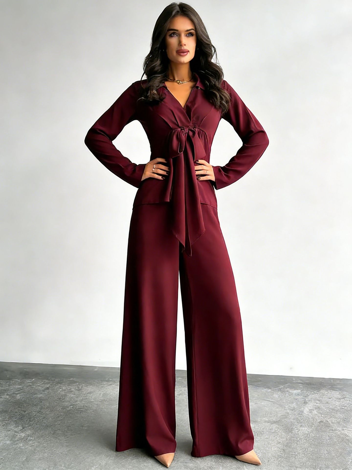 Women's Casual Two-Piece Set with Drawstring Top and Wide-Leg Pants