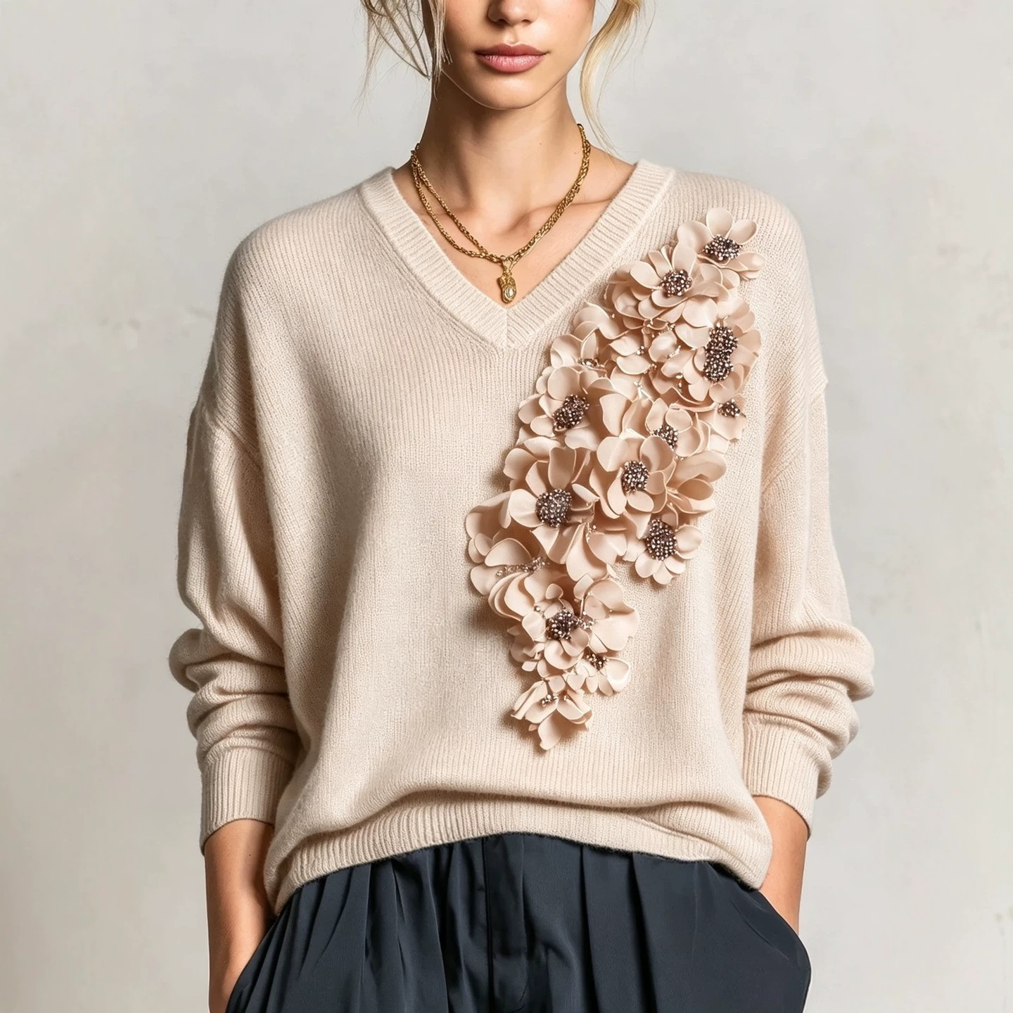 3D Floral V-Neck Knit Sweater