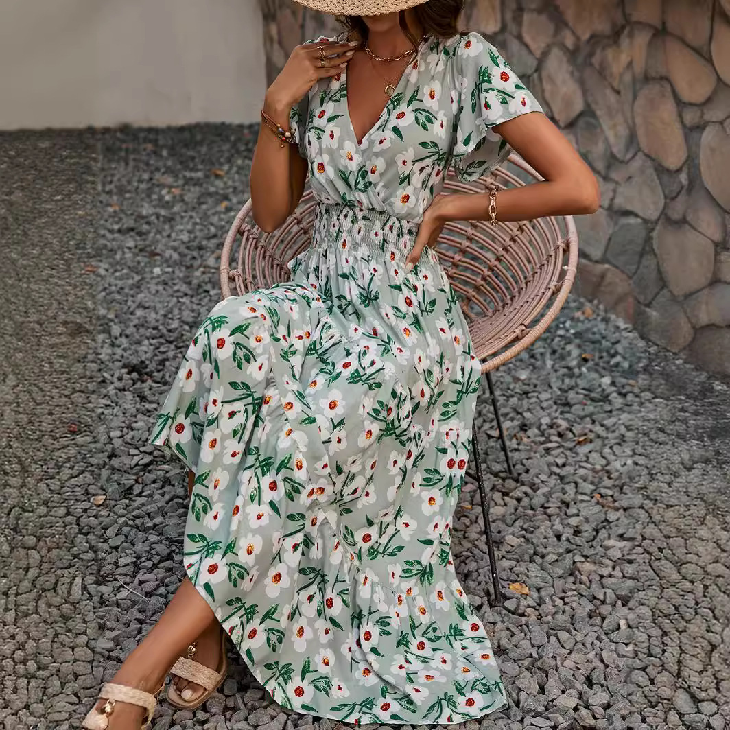 V-Neck Floral Print Tiered Maxi Dress with Smocked Waist