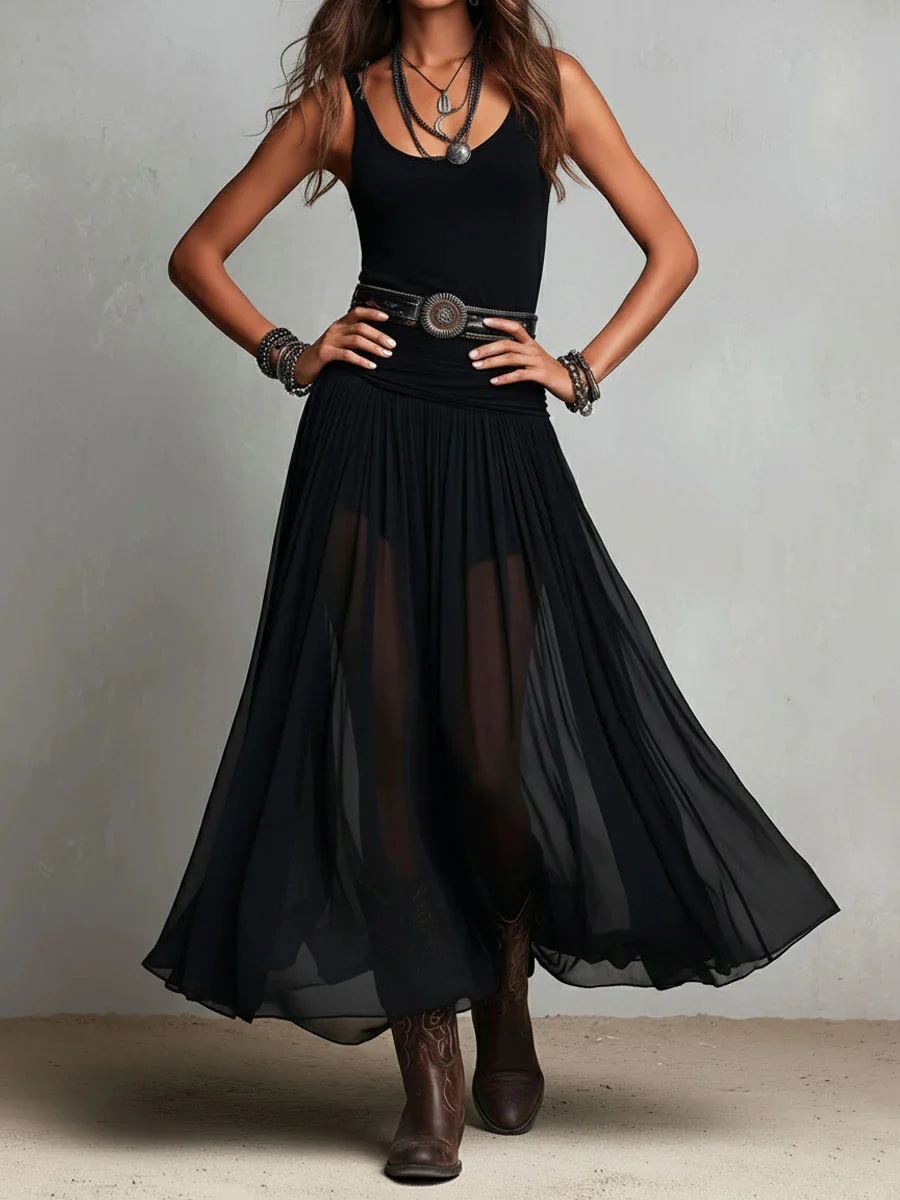 Black Mesh Sling Long Dress with Vintage Pleated Design
