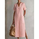 Women's Lace-Trim V-Neck Short-Sleeve Slit Cotton-Linen Midi Dress