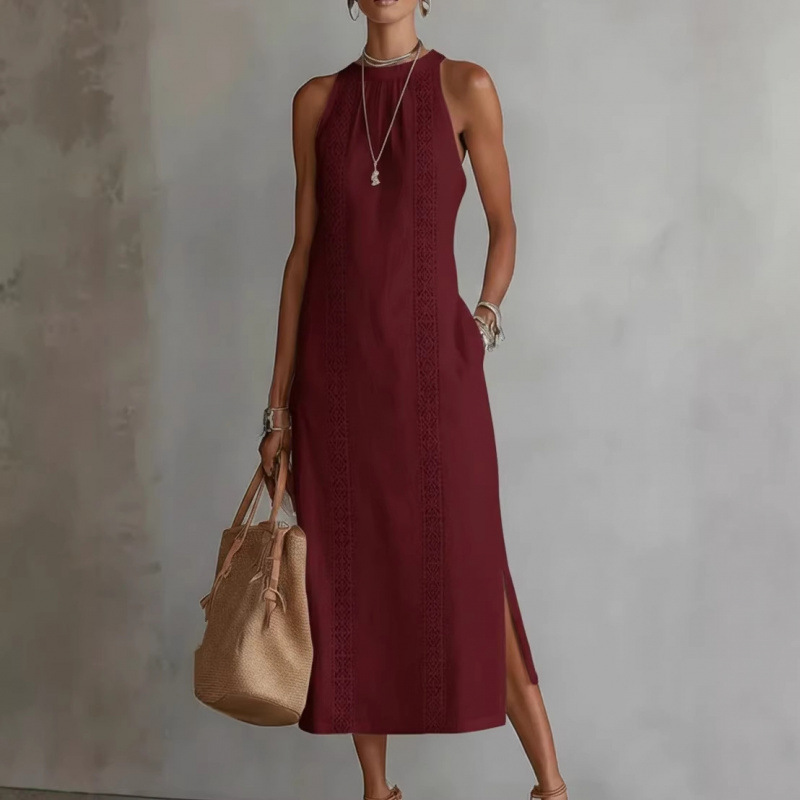 Women's Halter Neck Sleeveless Lace Panel Midi Dress