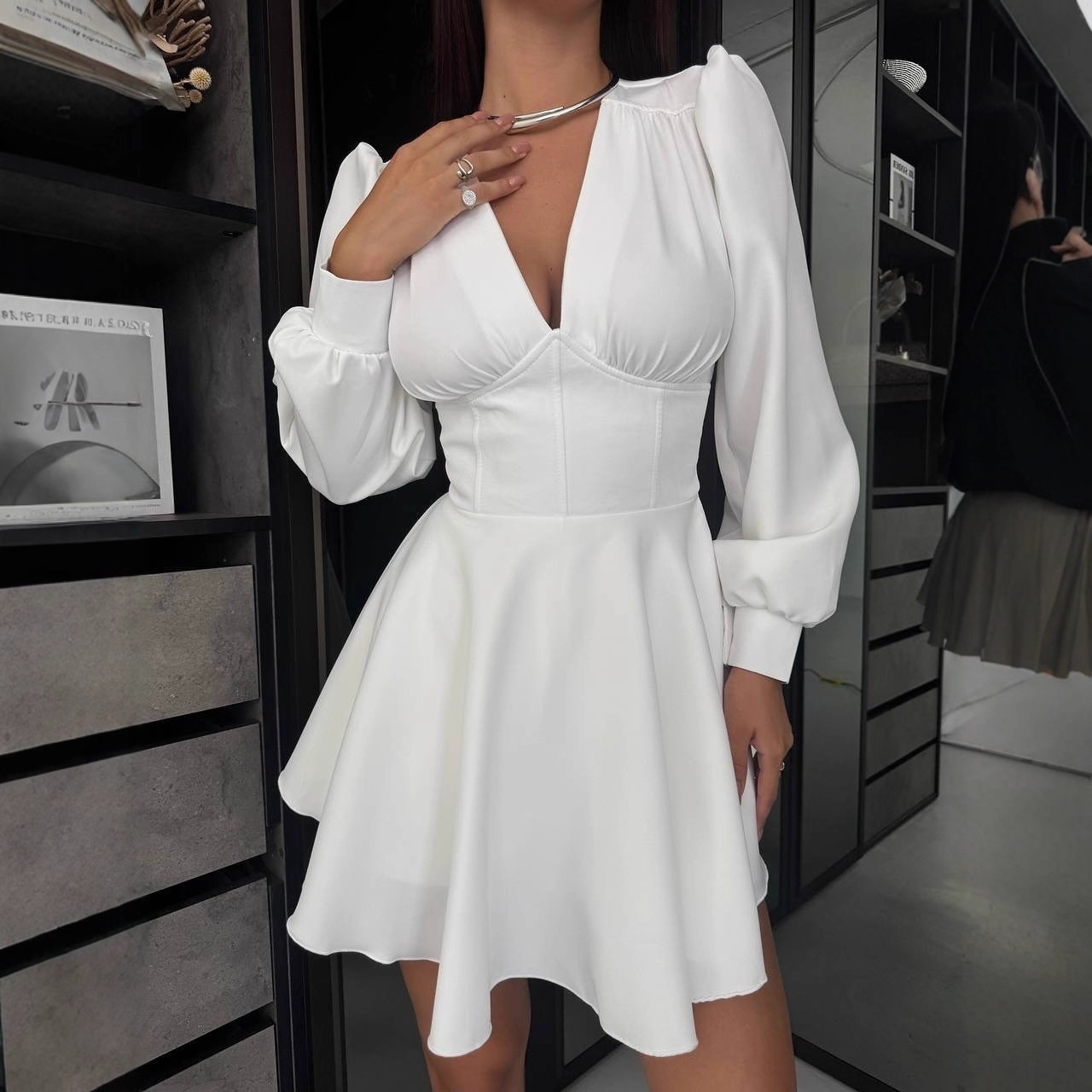 Women's V-Neck Puff Sleeve High Waist A-Line Dress
