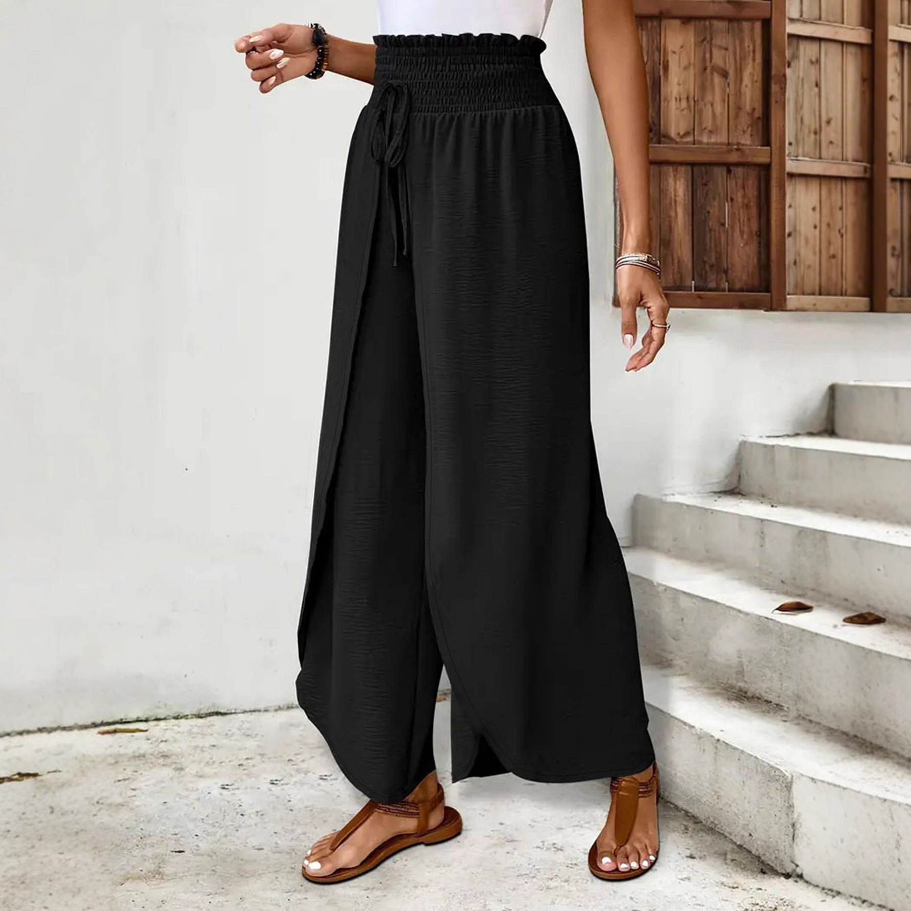 Elegant Split Wide-Leg Pants Lightweight Breathable Black