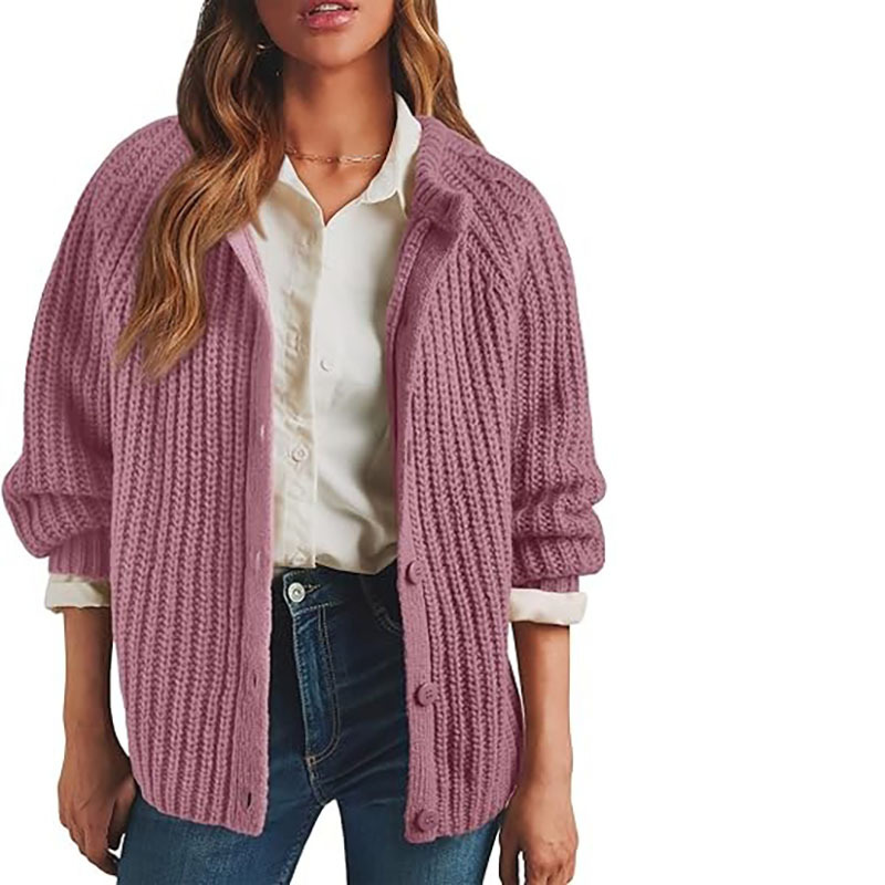 Women's Solid Color Button-Front Knit Cardigan Sweater Long Sleeve Crew Neck