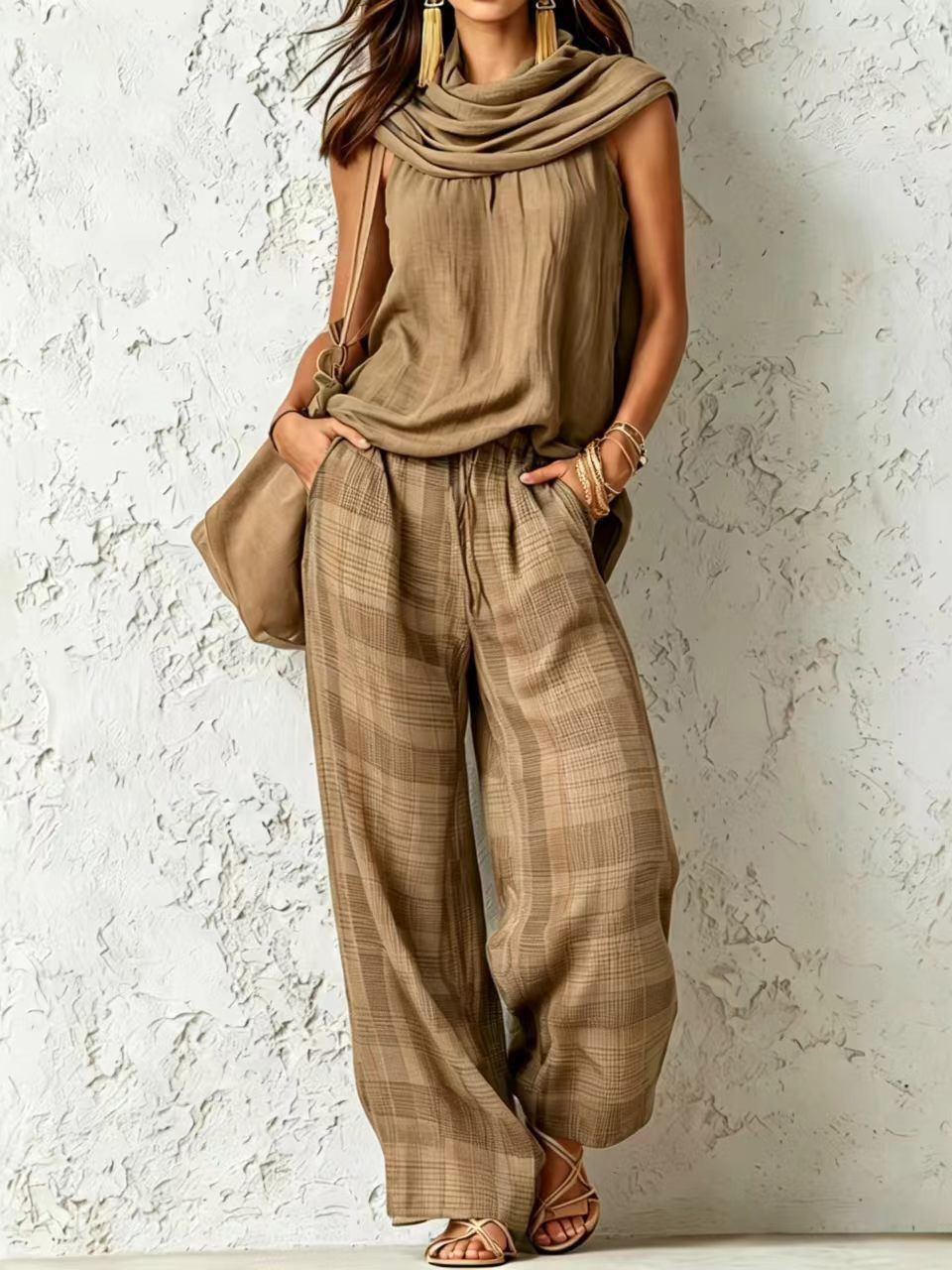 Women's Retro Sleeveless Top and Plaid Pants Two-Piece Set