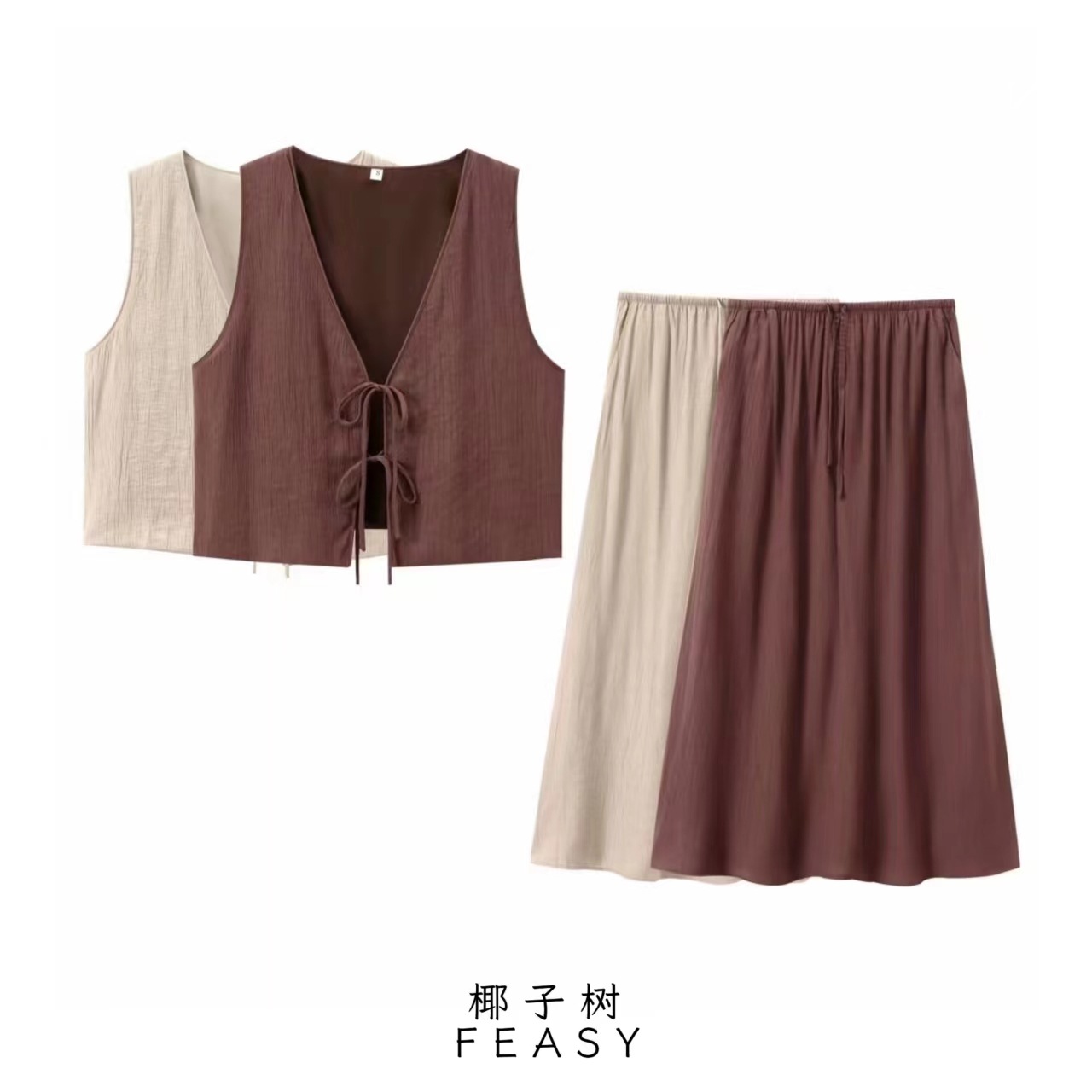 Women's Bow Textured Vest and Skirt Set Sleeveless Cotton Linen