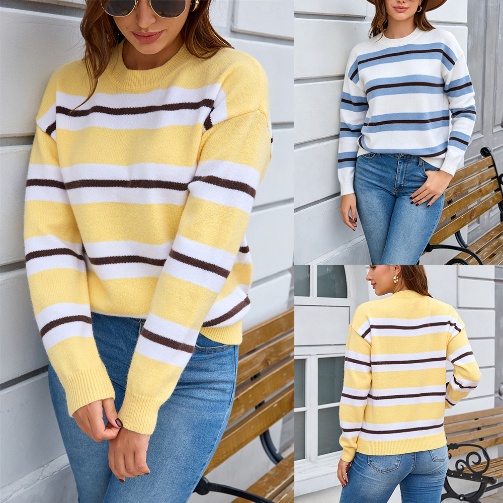 Striped Crewneck Pullover Sweater Long Sleeve Plus Size