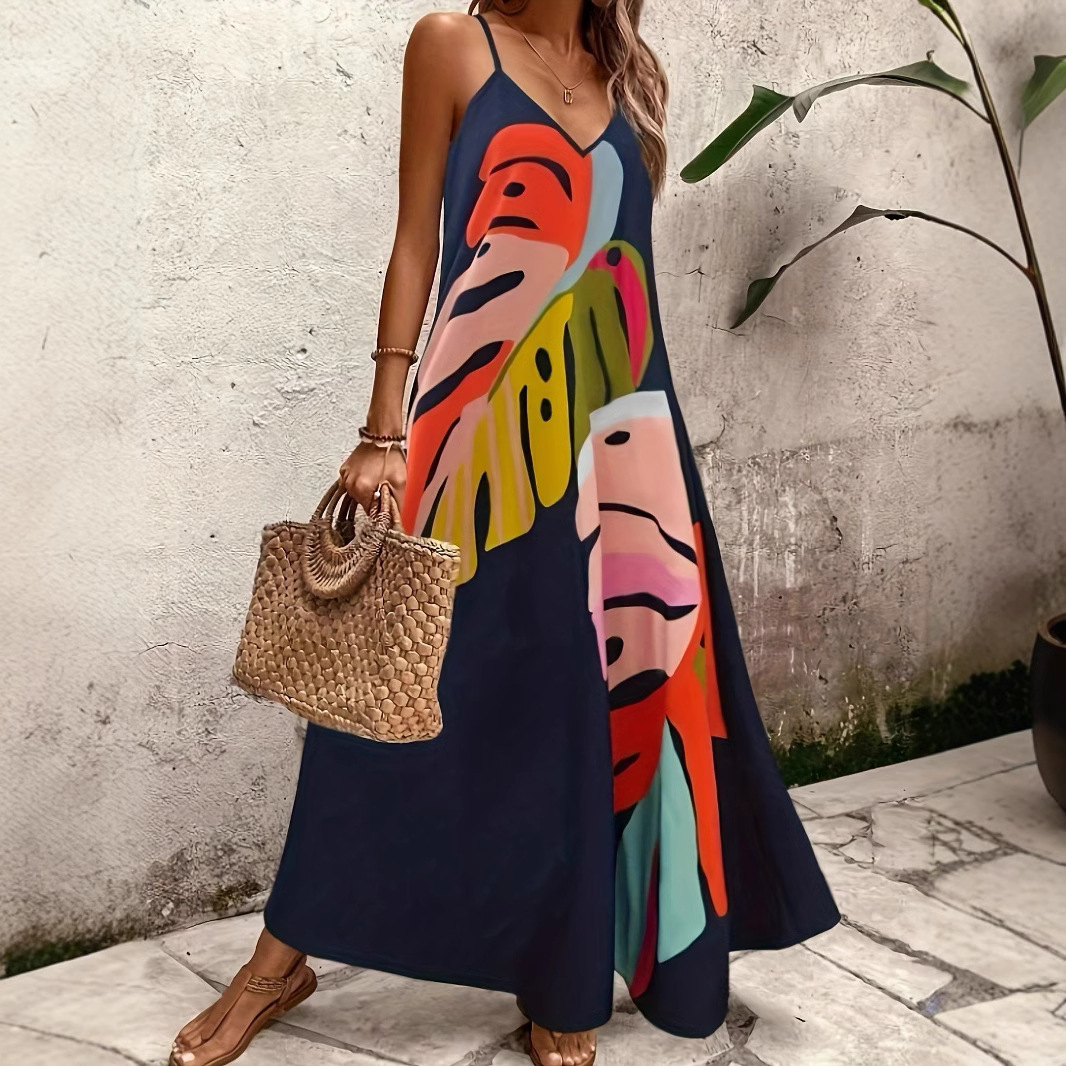 Women's Summer V-Neck Printed Sleeveless Maxi Dress