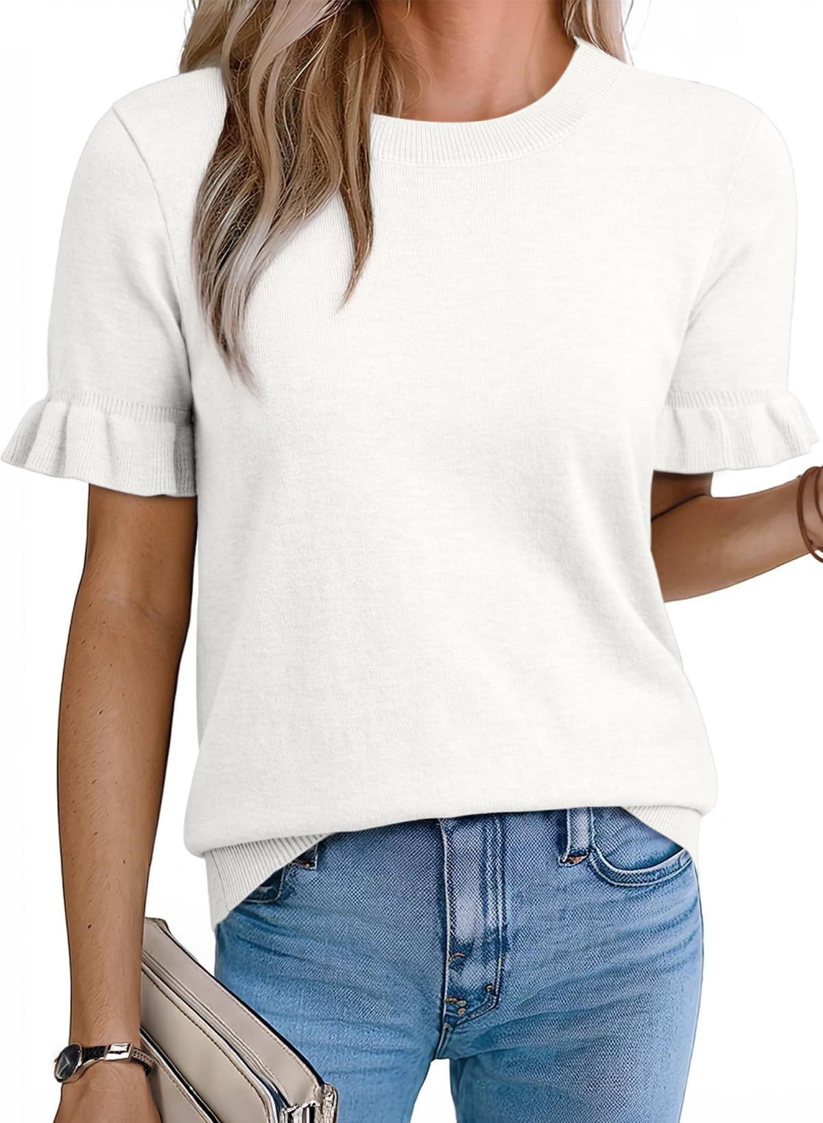 Solid Crewneck Puff Sleeve Knit Top
