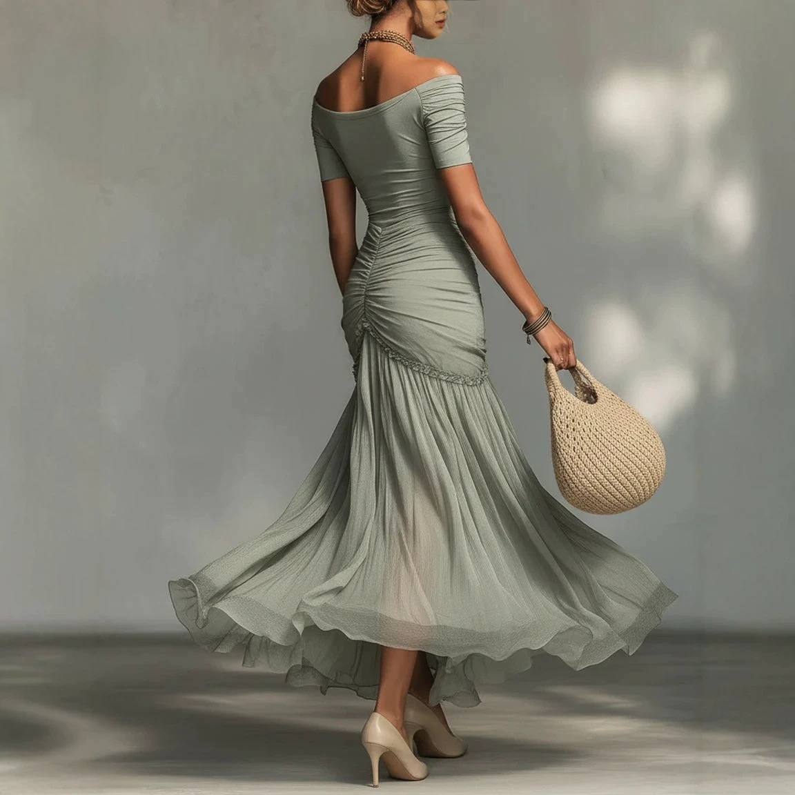 Women's Off-Shoulder Ruched Asymmetric High-Waist Bodycon Dress