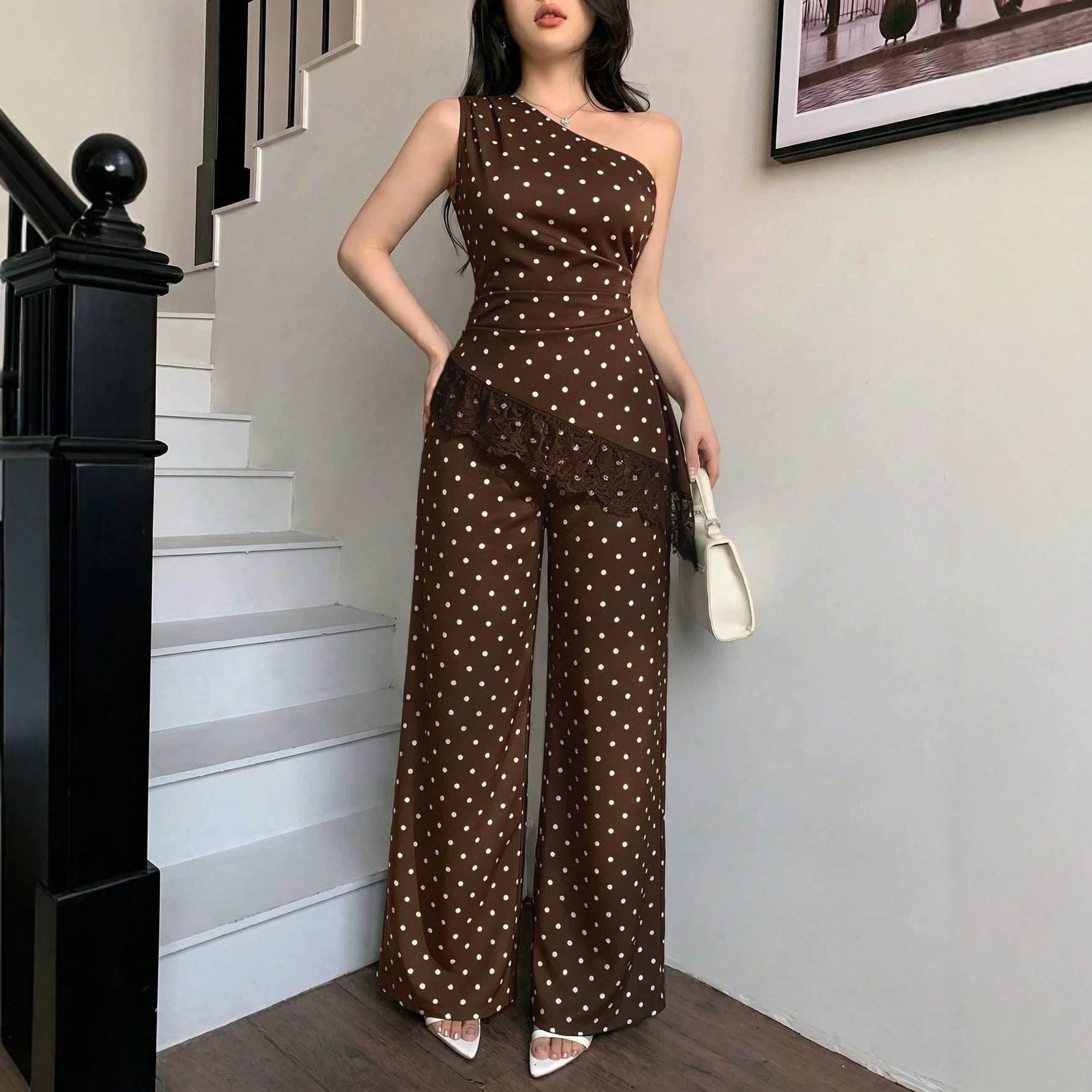Polka Dot One-Shoulder Lace Trim Top and Wide-Leg Pants Two-Piece Set