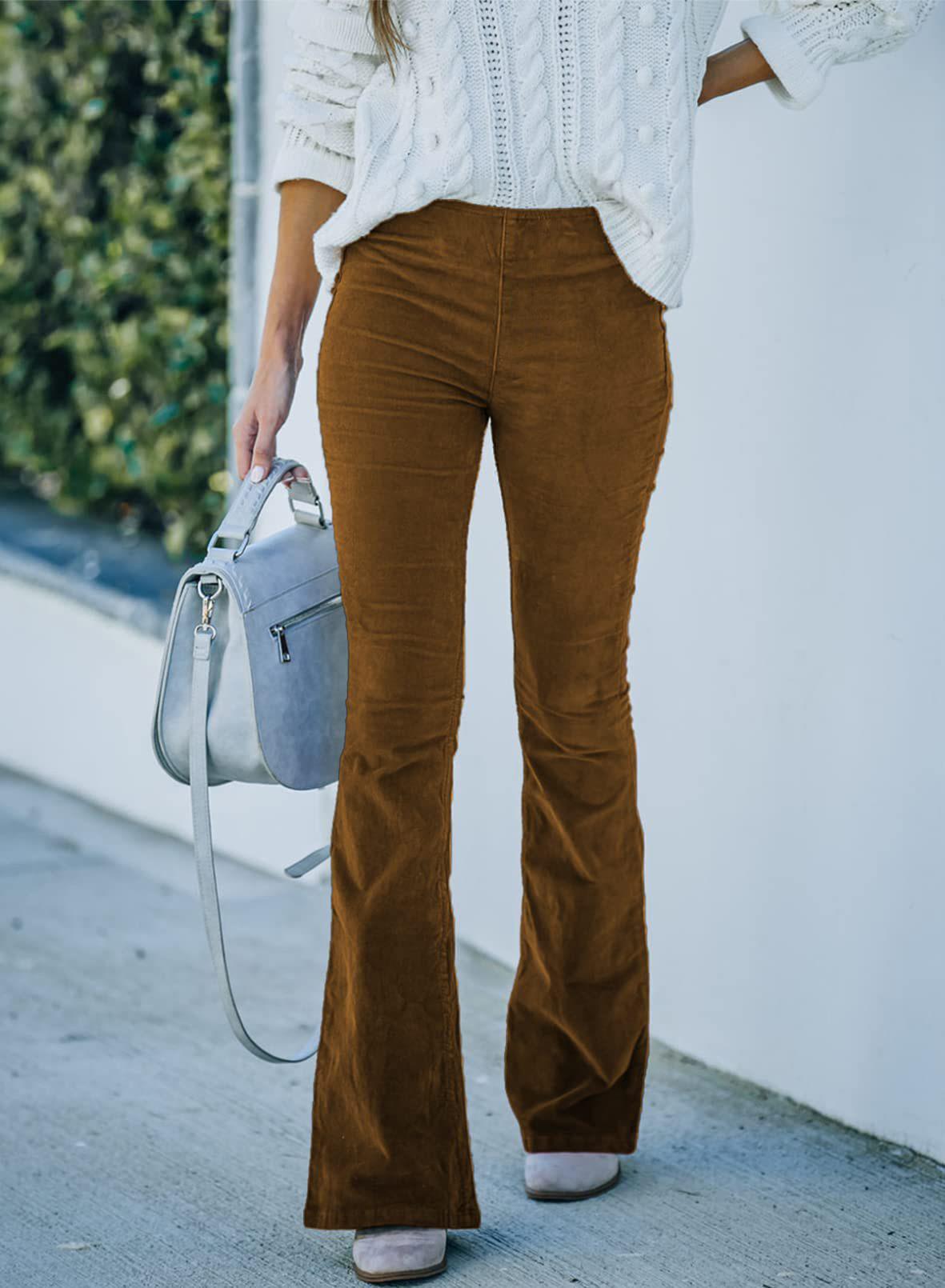 Women's Solid High-Waist Corduroy Flare Pants with Elastic Waist
