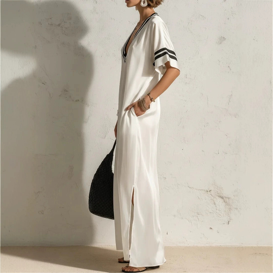 Satin Striped Deep V-Neck Short Sleeve Long Dress with Side Slit