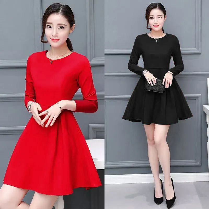 Women's Long Sleeve Black Bodycon Dress Slimming A-Line Midi