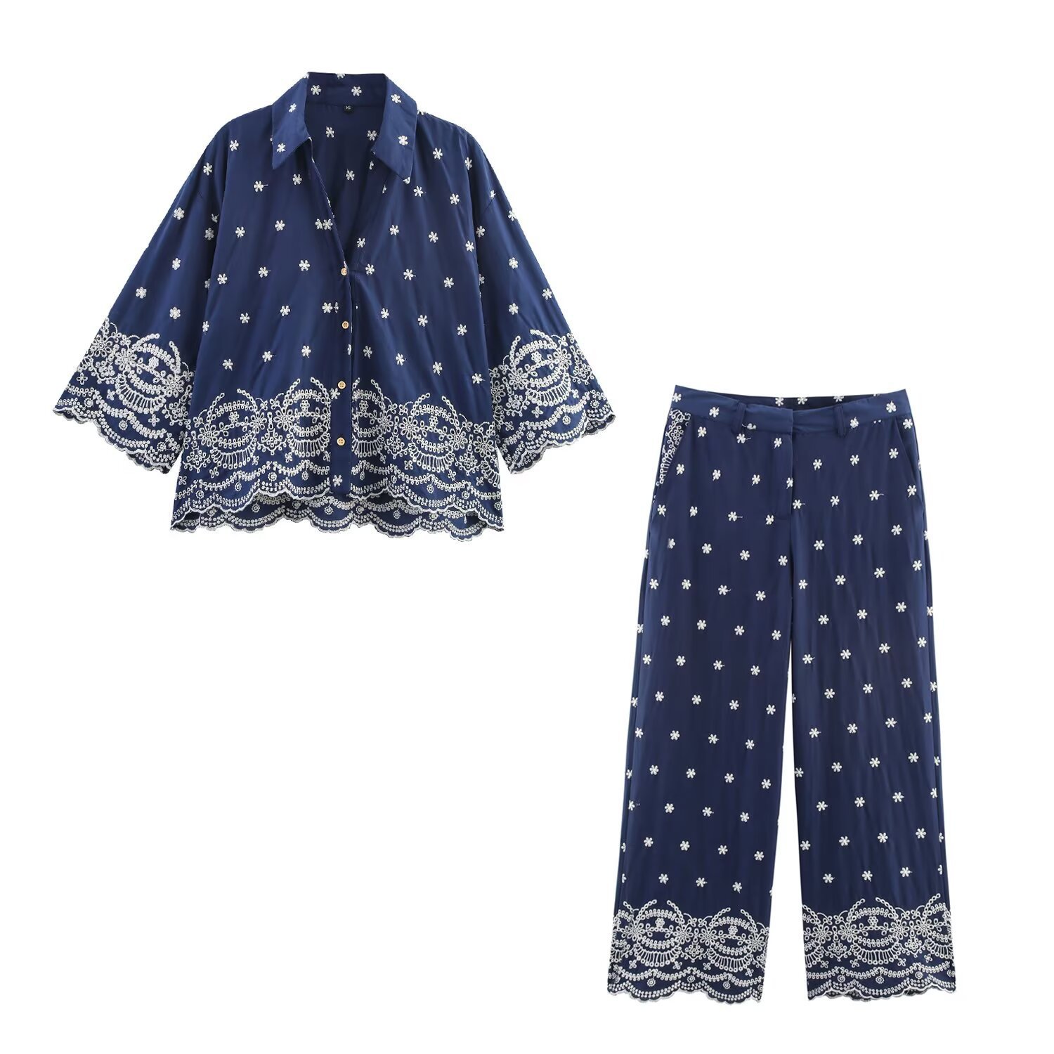 Embroidered Shirt & Pants Set Casual Two-Piece Outfit