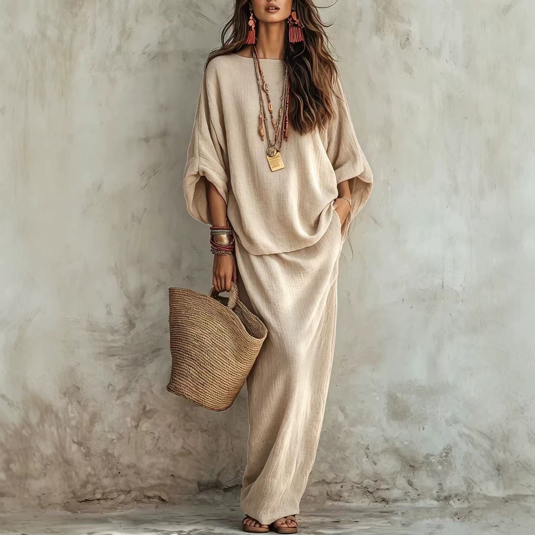Women's Solid Color Long Skirt Two-Piece Set Casual Loose Fit