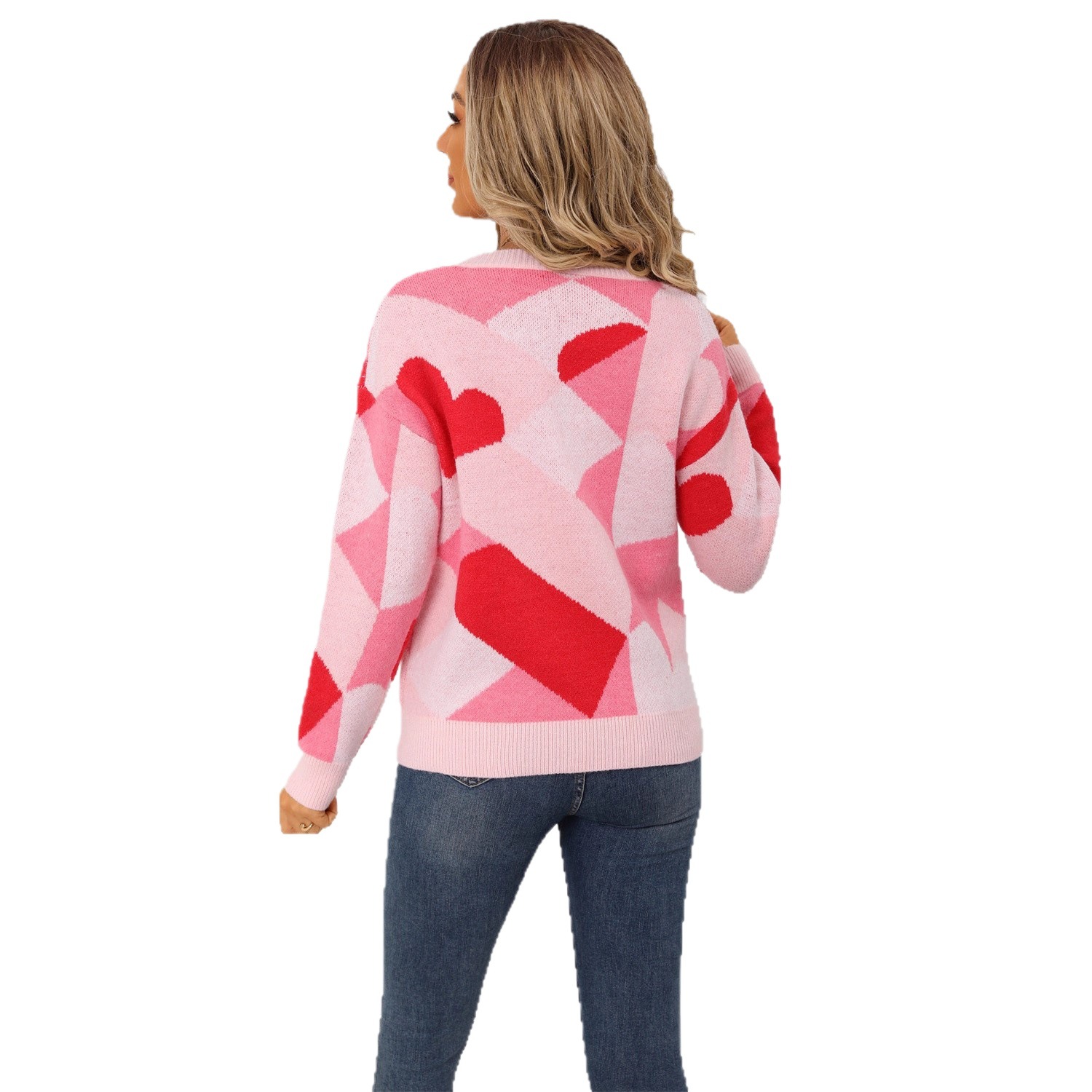 Women's Checkered Heart Crewneck Knit Sweater