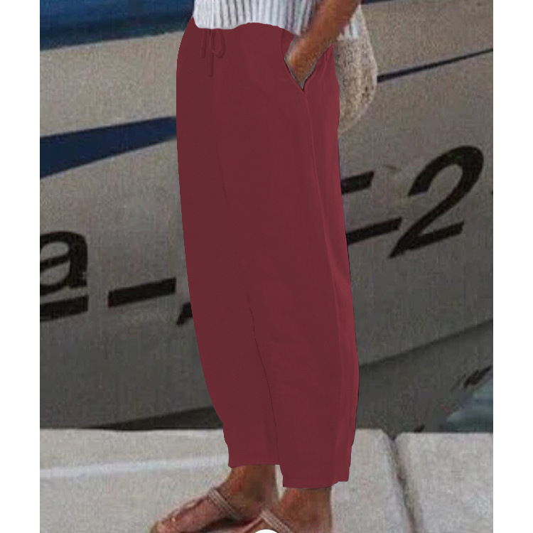 Women's Solid Color Casual Cotton Linen Pants with Elastic Waist