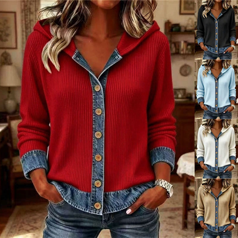 Women's Knit Hooded Denim Patchwork Button Jacket