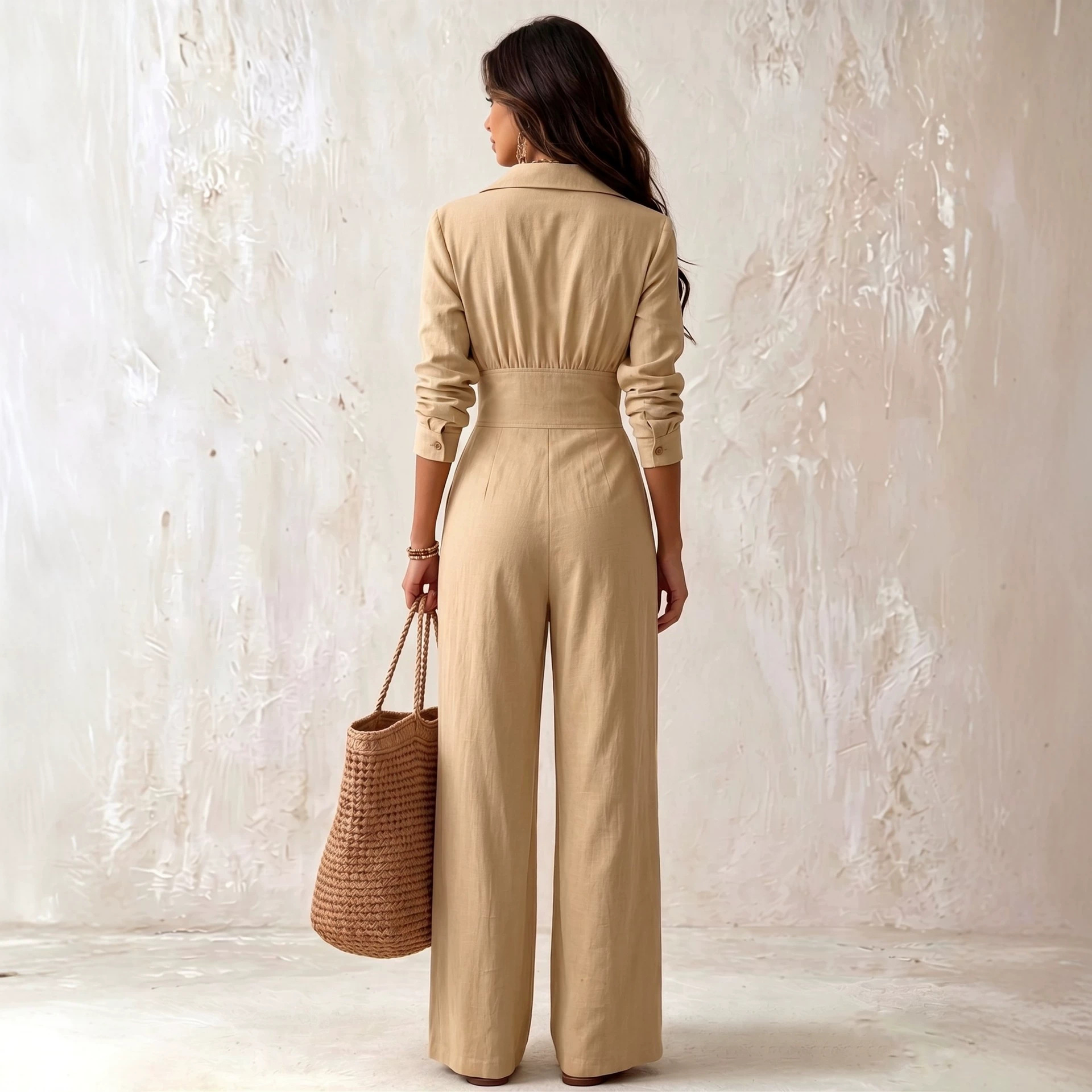 Women's Button-Zip V-Neck Belted Long Sleeve Jumpsuit