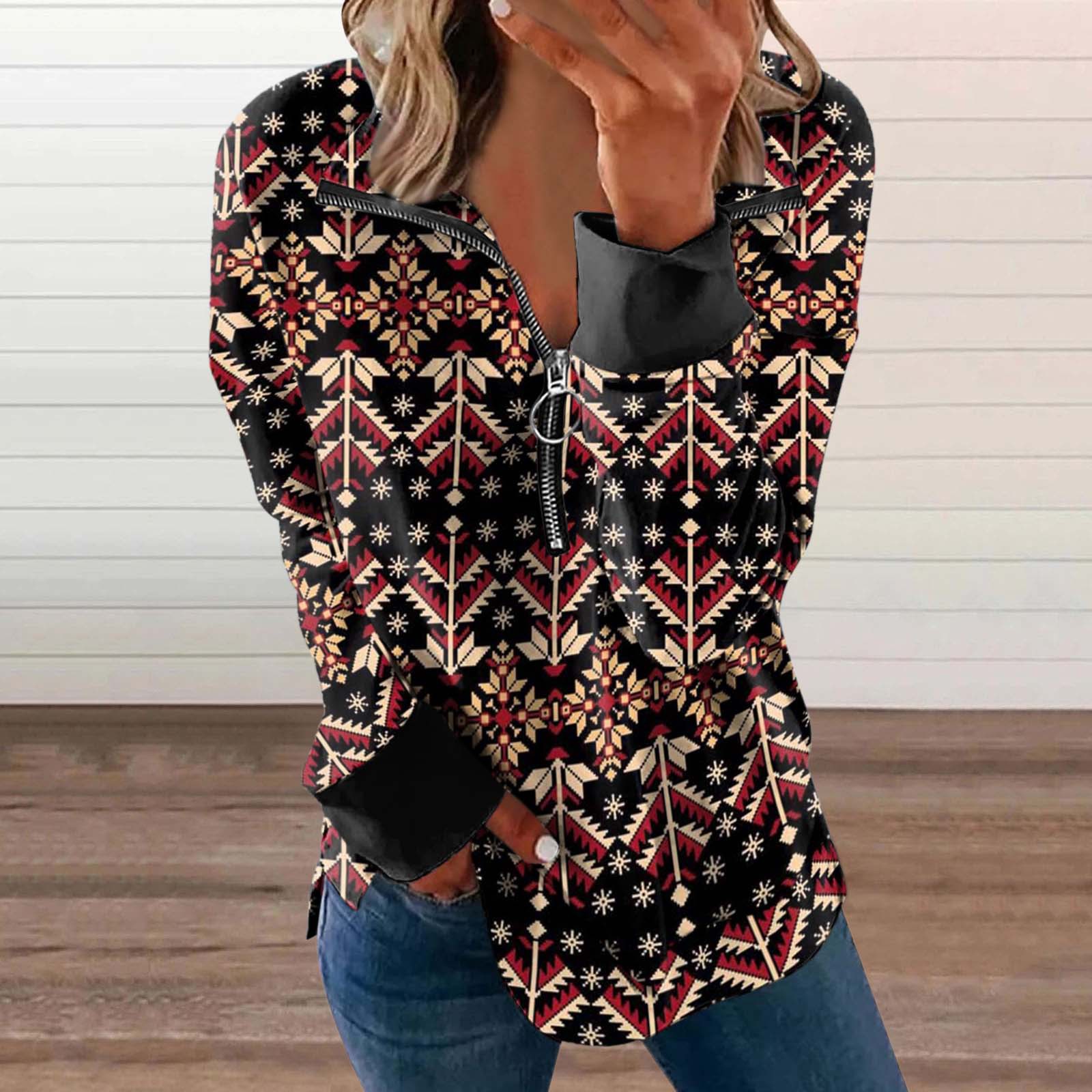 Women's Loose Fit Zip-Up Long Sleeve Printed Casual Top