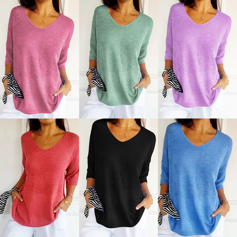 Women's V-Neck Solid Knit Top Slimming Casual Pullover