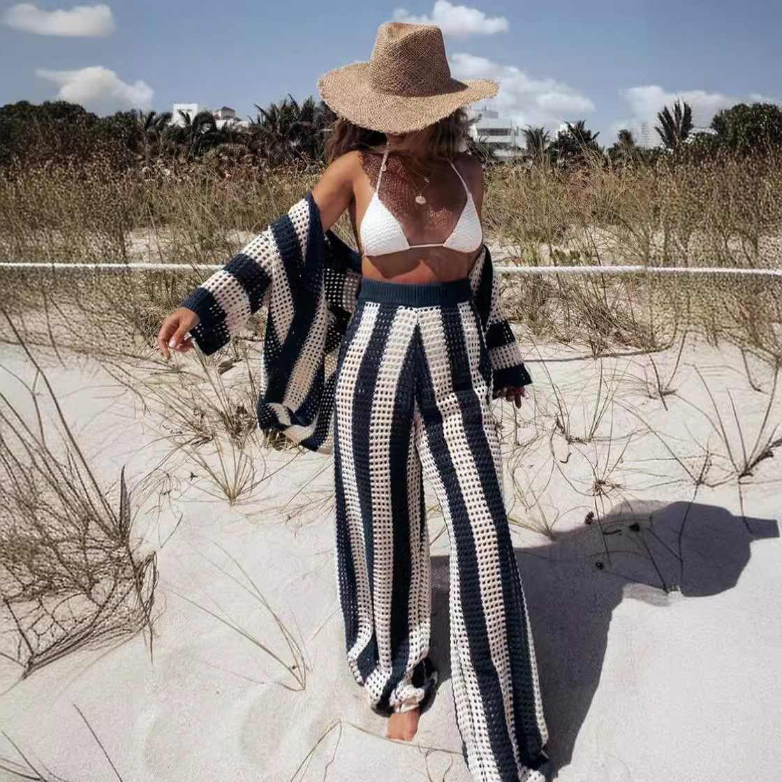 V-Neck Hollow-Out Striped Shirt and Wide-Leg Knit Pants Set