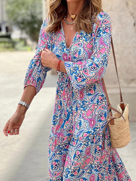 Women's V-Neck Long Sleeve Bohemian Maxi Dress