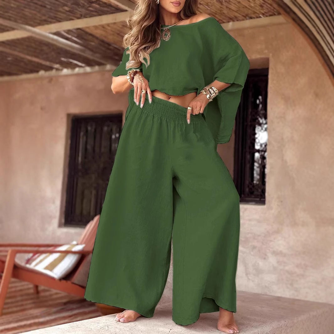 Women's Solid Color Off-Shoulder Bell Sleeve Top Set Casual Loose Summer Two-Piece