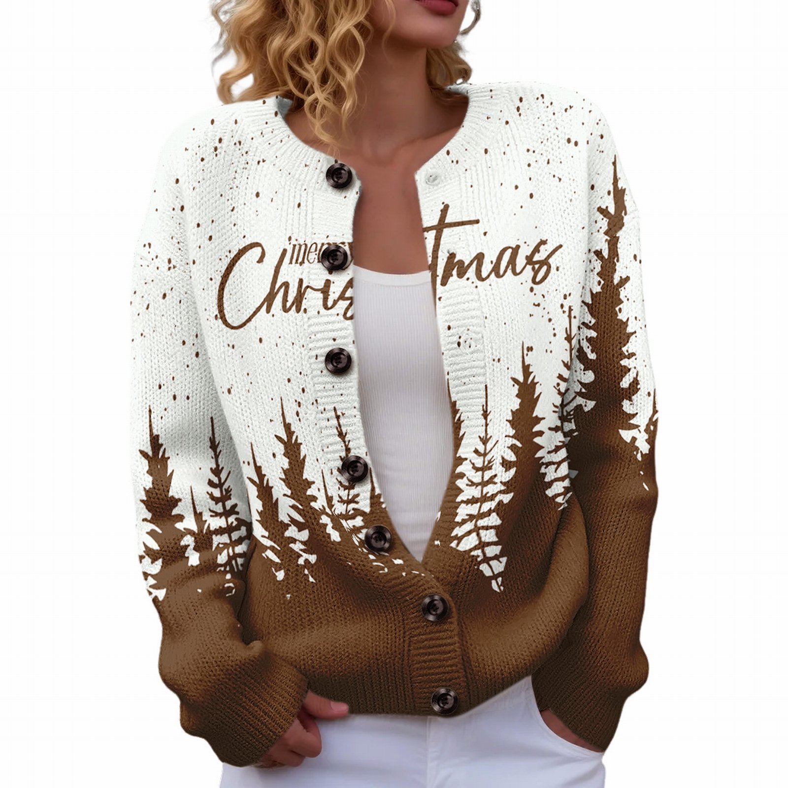 Women's Christmas Reindeer Forest Print Button Cardigan Sweater