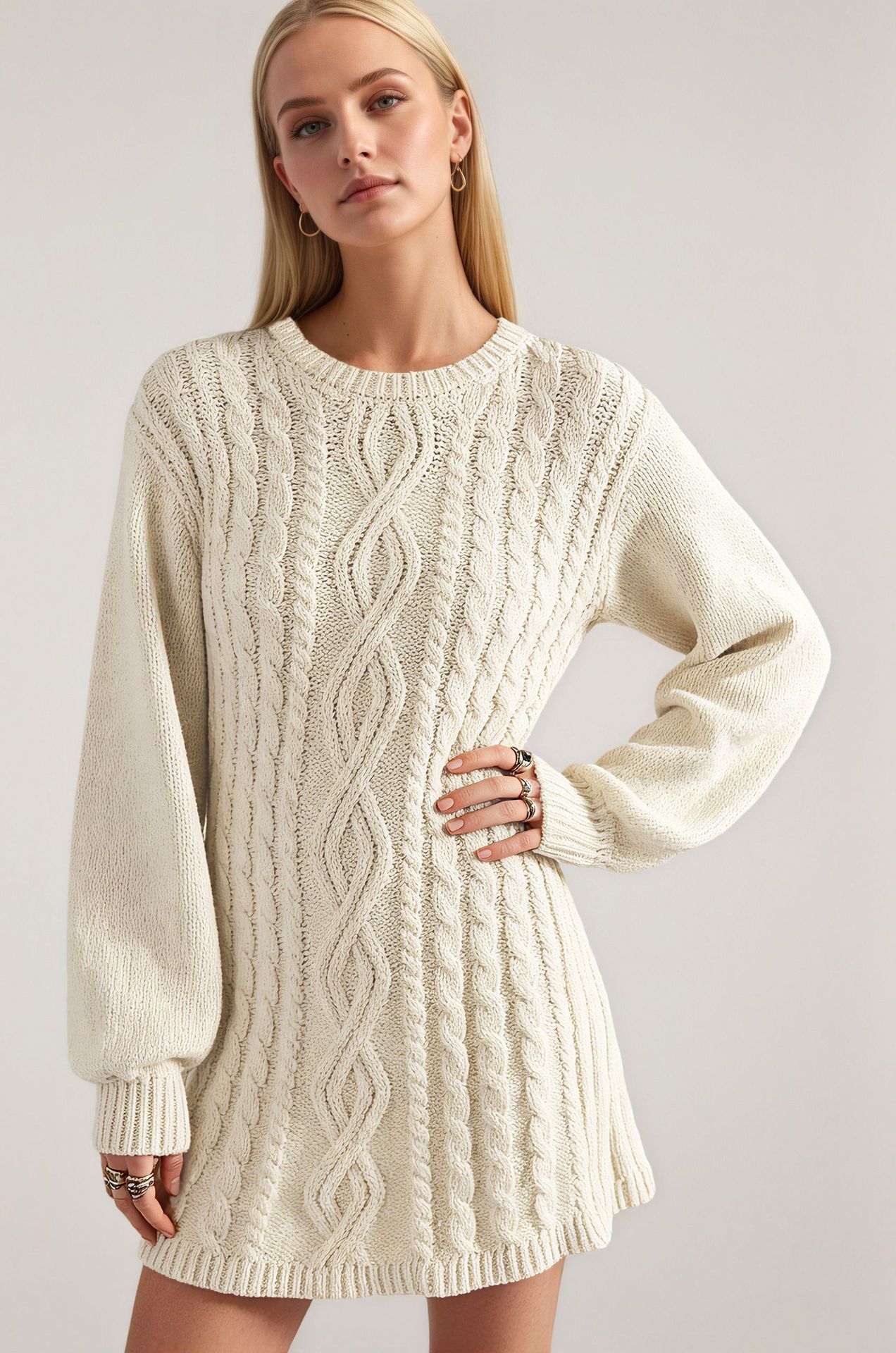 Cable-Knit Long-Sleeve Loose Knit Dress