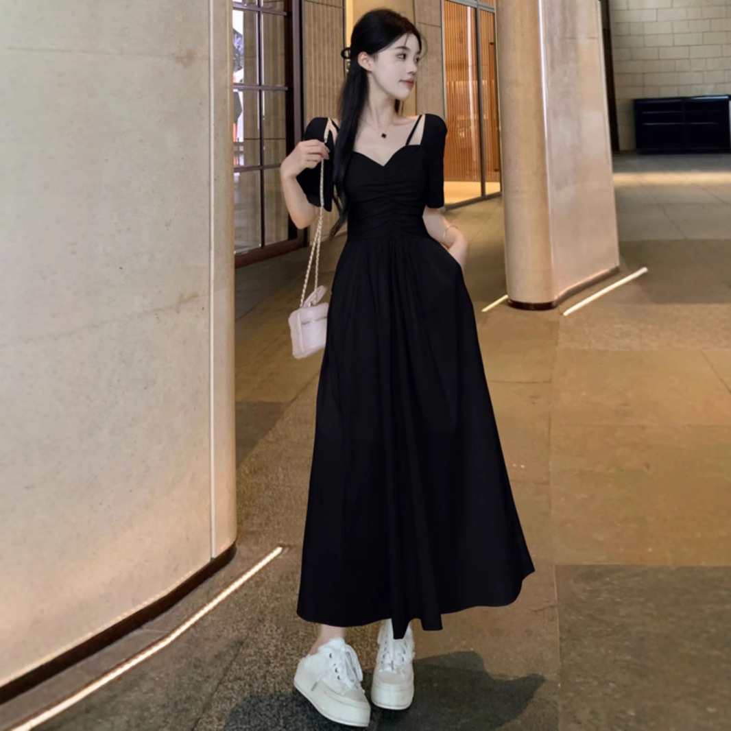 Plus Size Square Neck A-Line Midi Dress – Slimming Waist, Black
