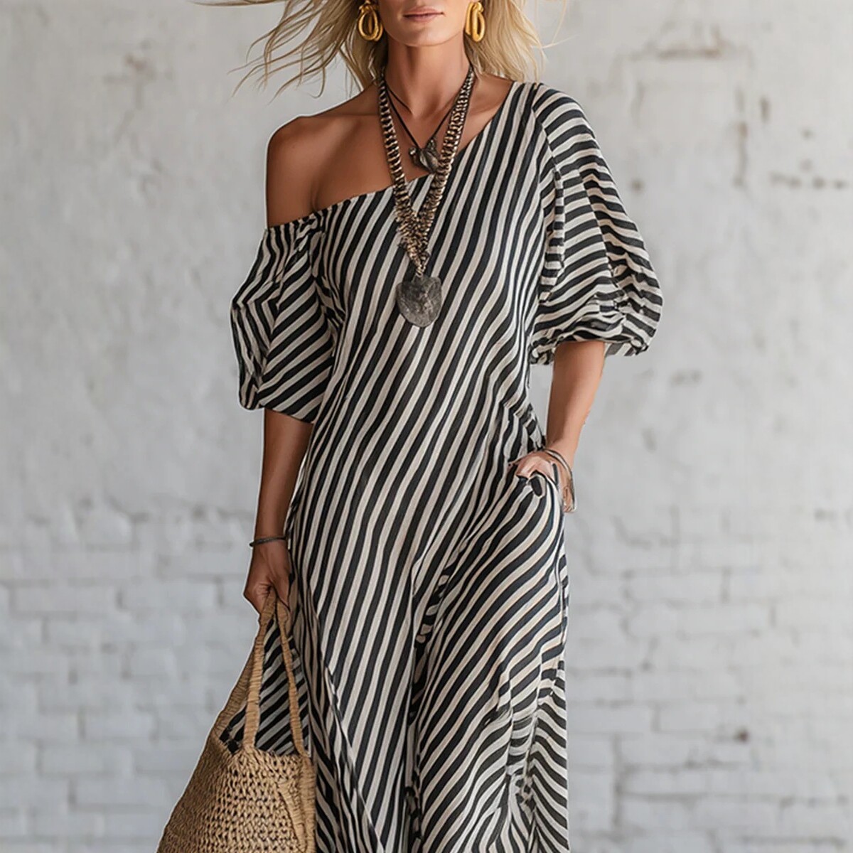 Striped Off-Shoulder Long Dress Casual Vacation Loose Fit