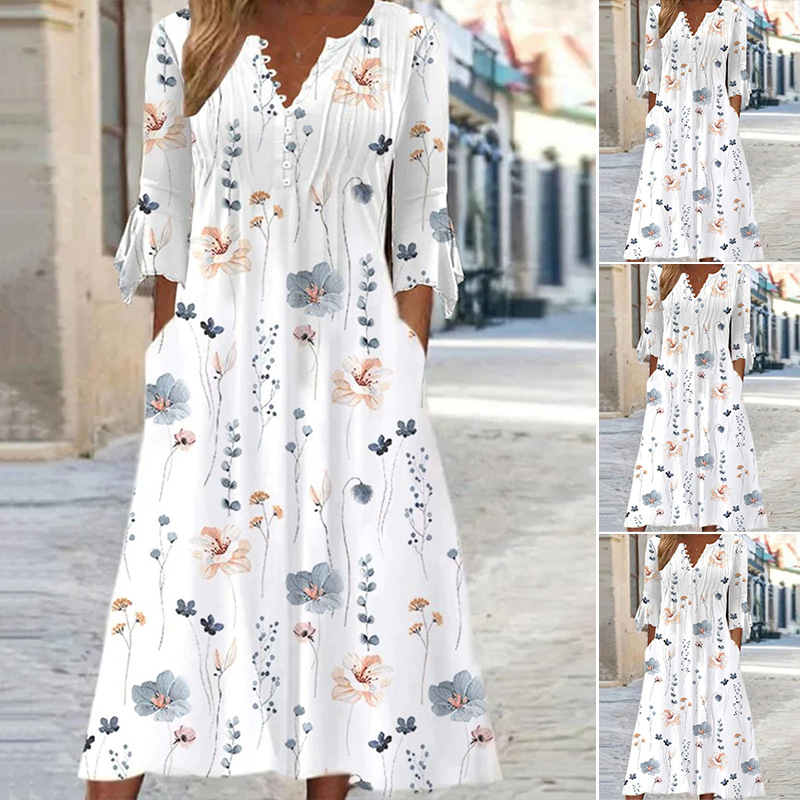 Women's Printed V-Neck Midi Dress with Adjustable Button Detail