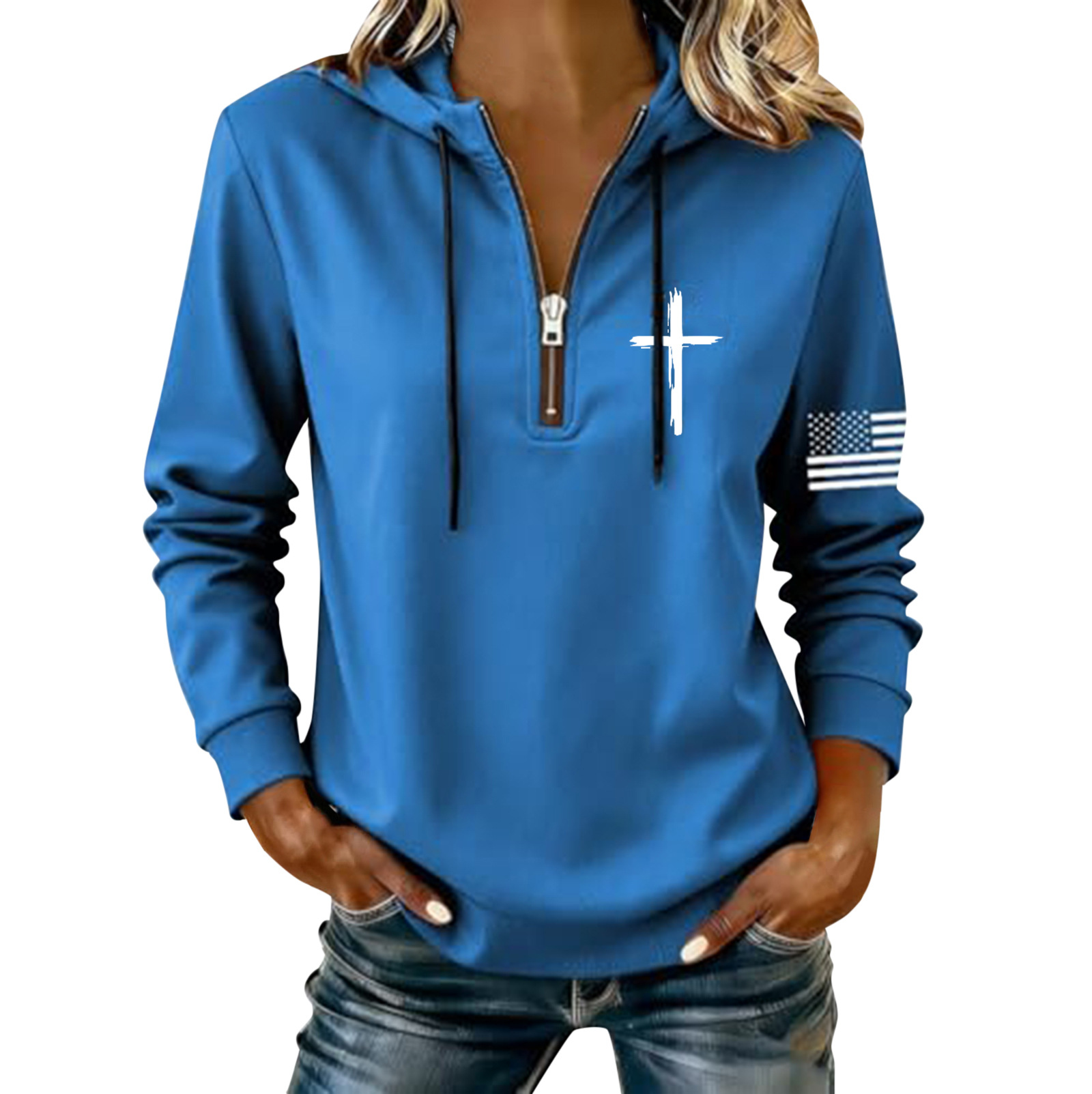 Women's Cross & American Flag Print Half-Zip Sweatshirt