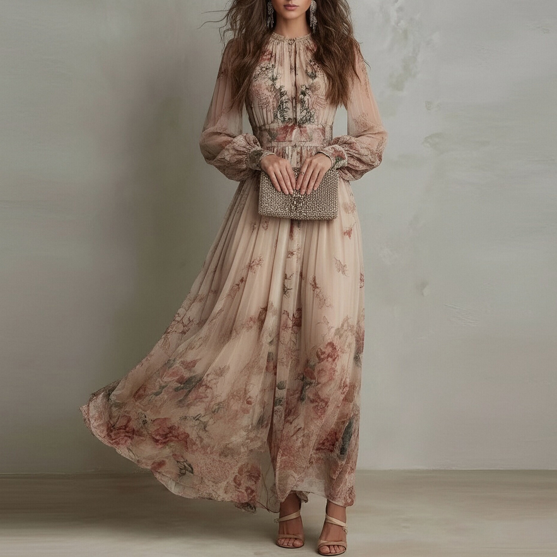 Women's Vintage Floral Print Long Sleeve Pleated Maxi Dress with Waist