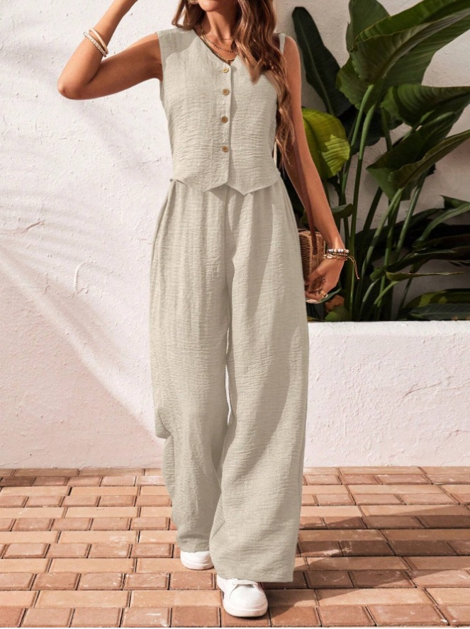 Linen Summer Vest and Pants Set with V-Neck Button-Front Top
