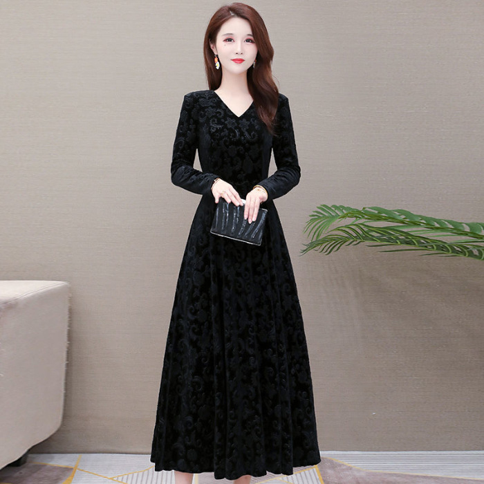 Velvet V-Neck Long Sleeve A-Line Maxi Dress