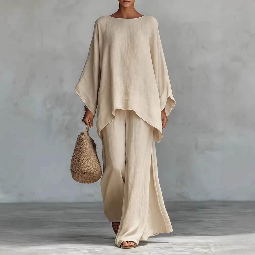 Women's Loose Linen-Blend Solid Shirt & Wide-Leg Pants Casual Set