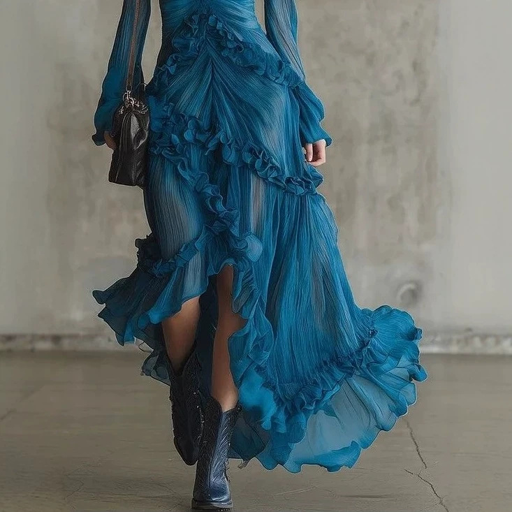 Peacock Blue Deep V Ruffle Pleated Sheer Slit Long Sleeve Maxi Dress