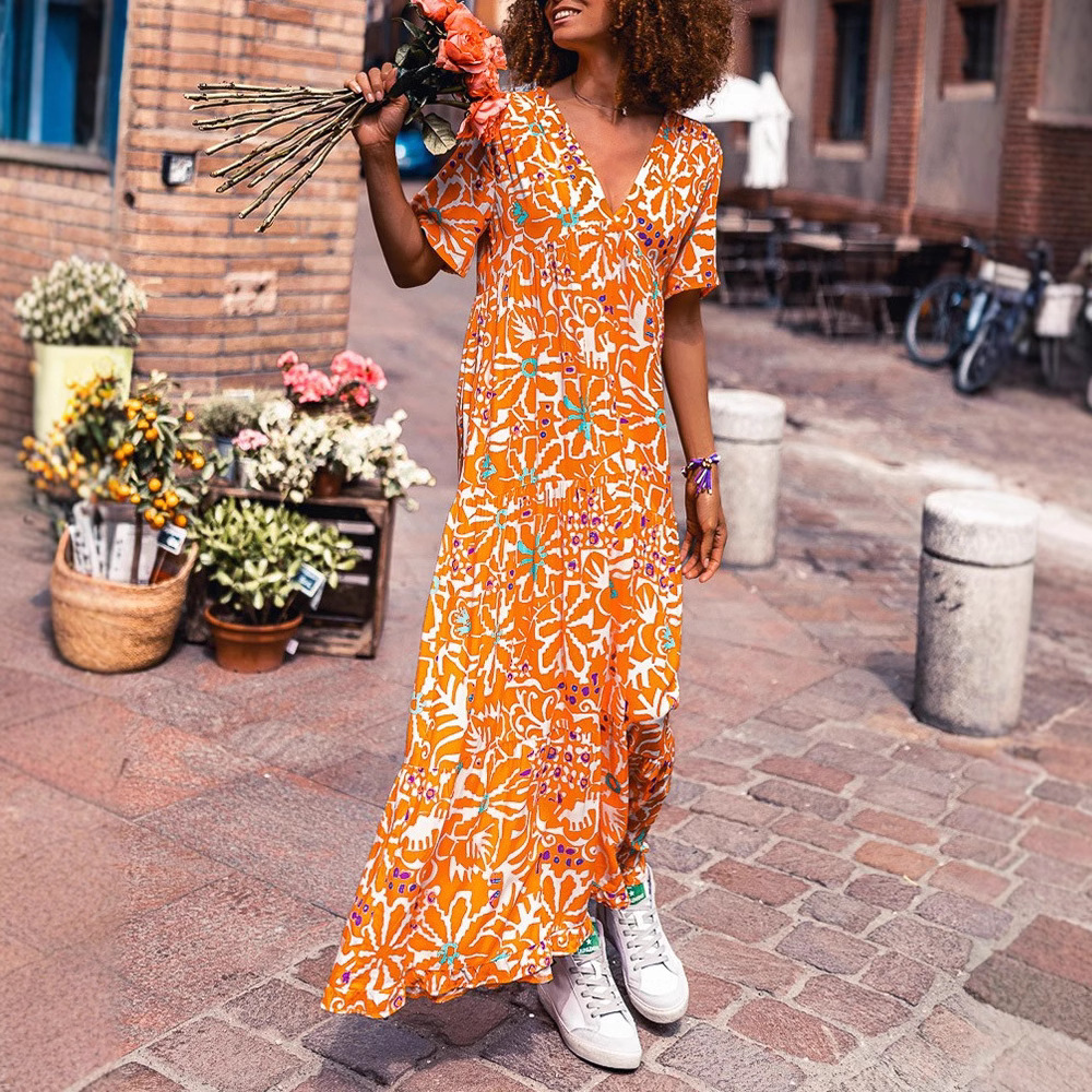 V-Neck Long A-Line Dress with Floral Print and Pleated Details