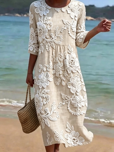 Women's Vintage Floral Print Ruched Midi Dress