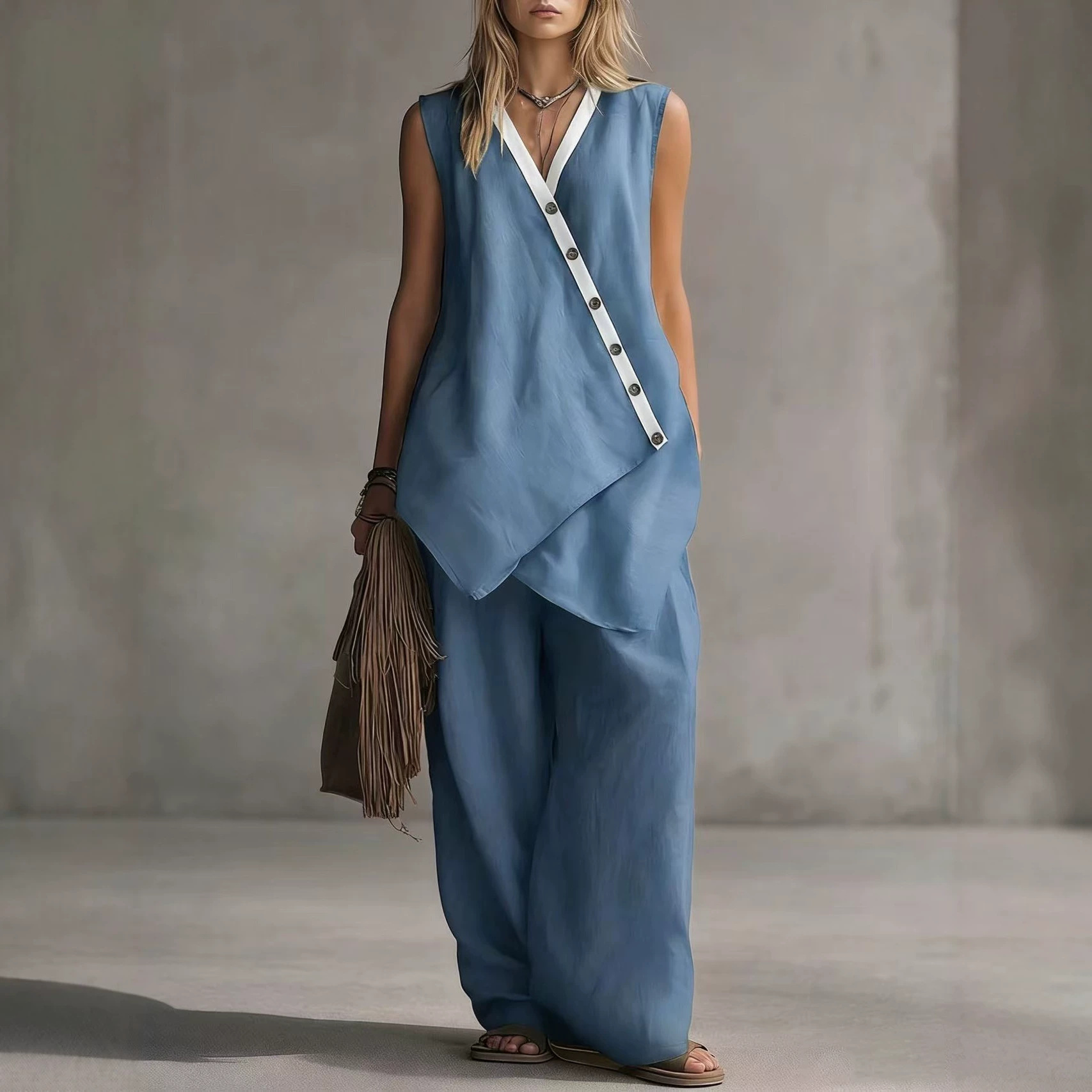 Boho V-Neck Irregular Button Wide-Leg Pants Casual Set
