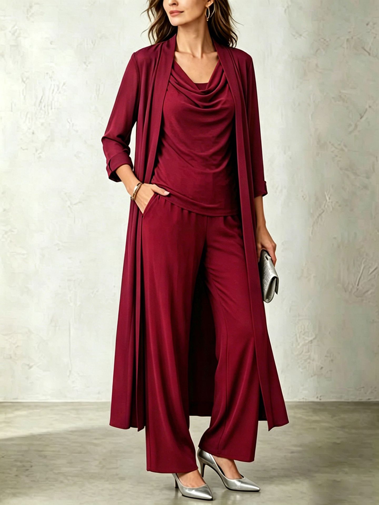 Women's Minimalist Long-Sleeve Draped-Neck Cardigan & Pants 3-Piece Set