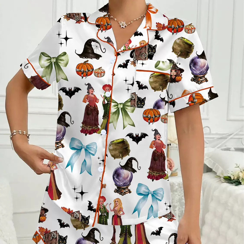 Cuban Collar Short Sleeve Shirt & Pants Pajama Set for Women