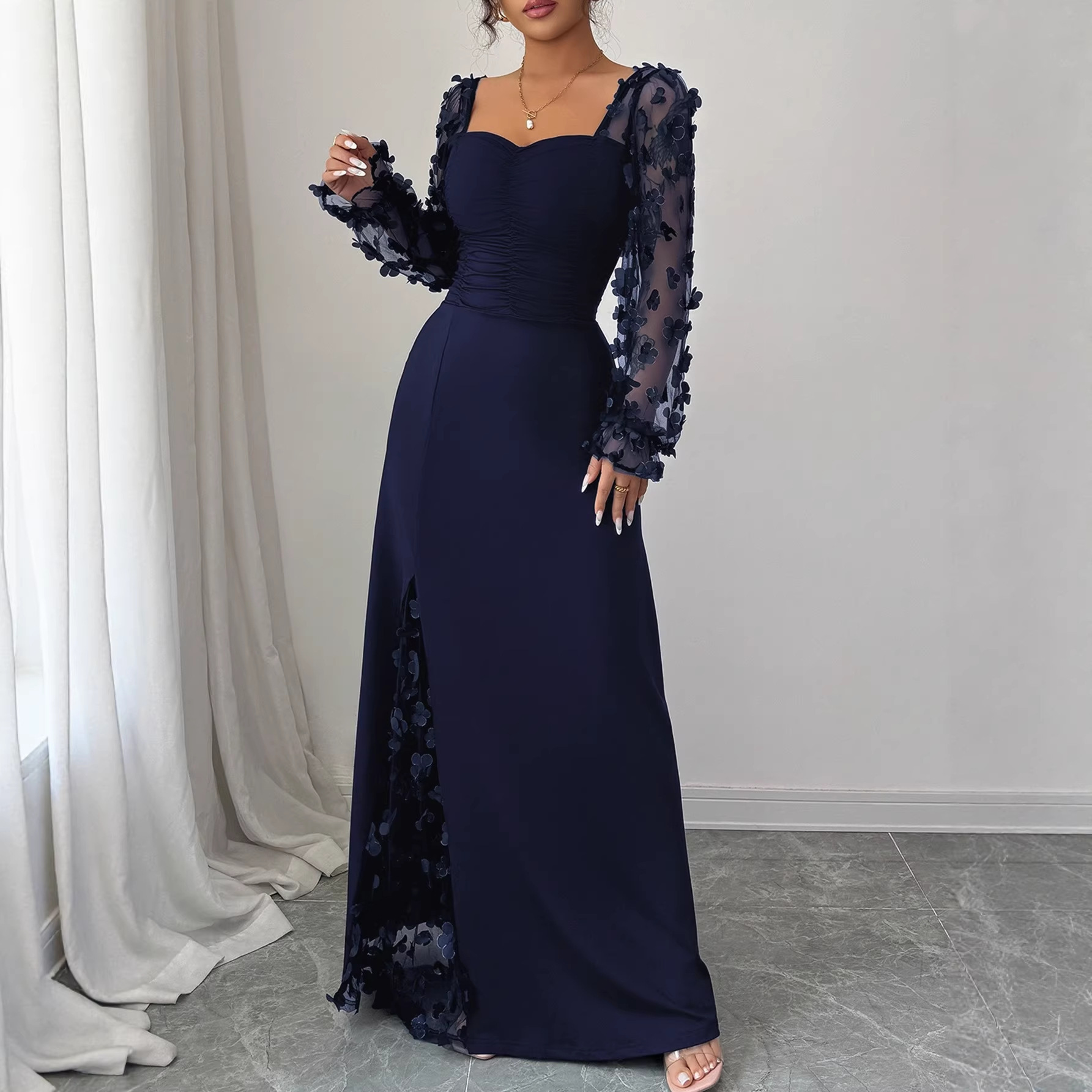 French Vintage Sheer Long Sleeve Evening Dress