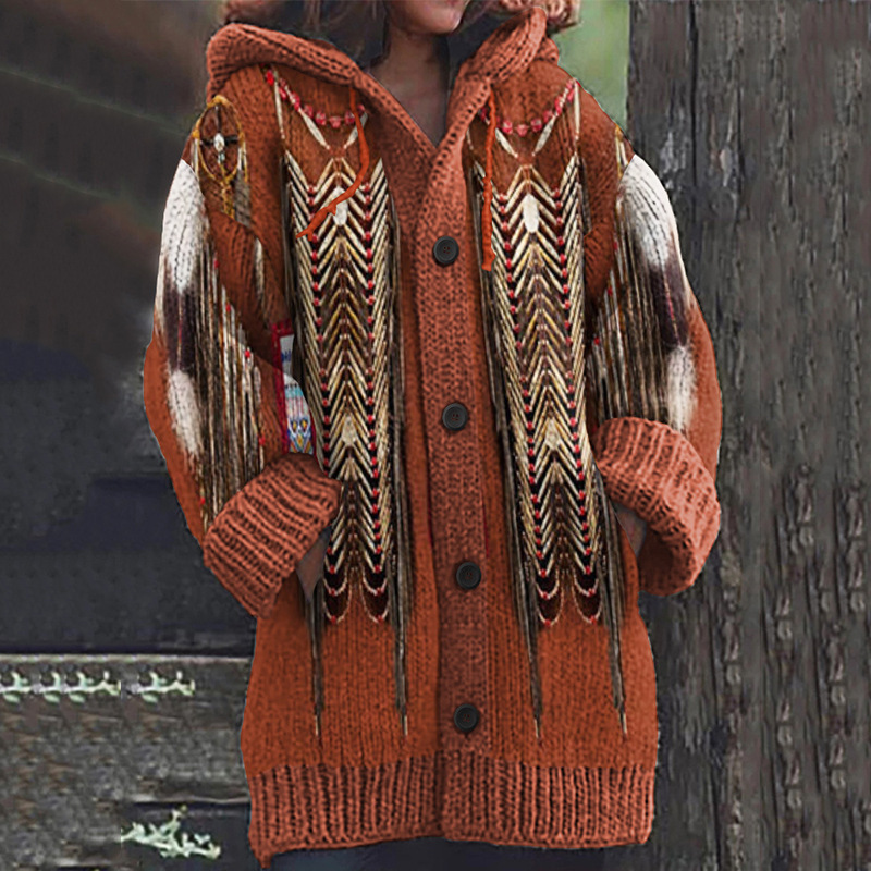 Women's Boho Print Hooded Button Cardigan Sweater